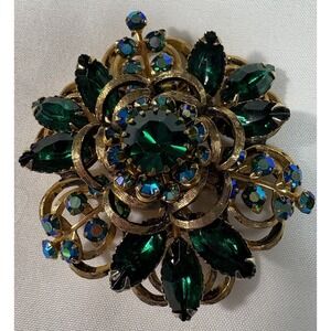 Vintage Selini Dimensional Brooch Emerald Green Aurora Borealis AB Rhinestones